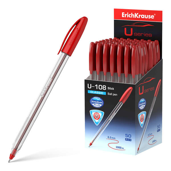Erichkrause U-108 Boligrafo Clasico - Punta De Bola 1.0Mm - Trazo De 0.3Mm - Tapa Ventilada - Ultra Glide Technology - Color Rojo