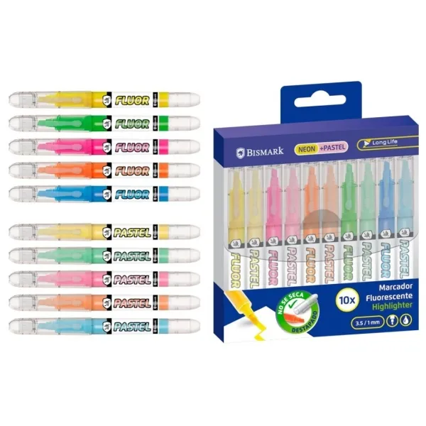 Bismark Pack de 10 Marcadores Fluorescentes - 5 Neon y 5 Pastel - Punta Biselada