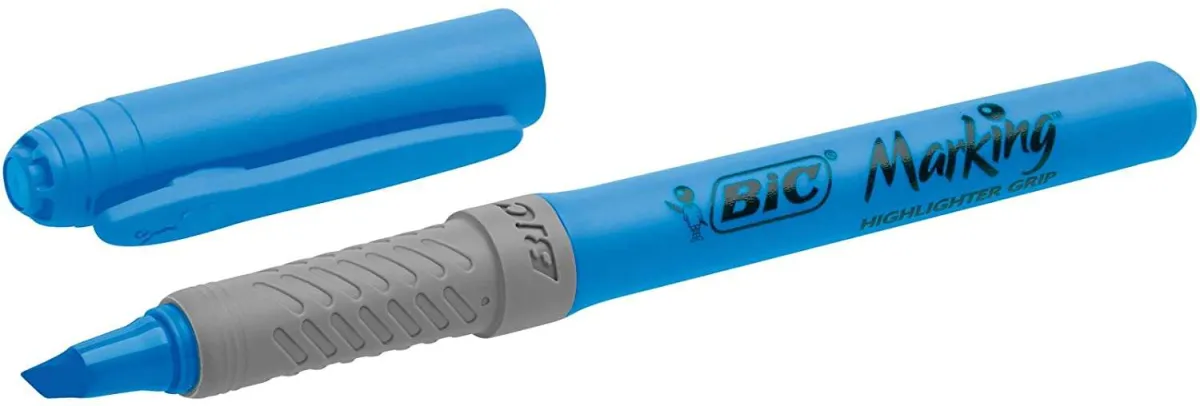 Bic Highlighter Grip Marcador Fluorescente - Tinta Con Base De Agua - Punta Biselada - Trazo Entre 1.60 Y 3.30 Mm - Color Azul