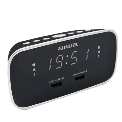 Aiwa Radio Despertador CRU-19 Negro con 2 Puertos USB de Carga 5V 2.4A
