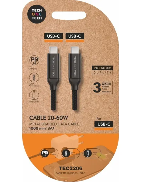 TechOneTech Cable USB-C Macho a USB-C Macho 1m - Recubierto de Nylon Trenzado Negro