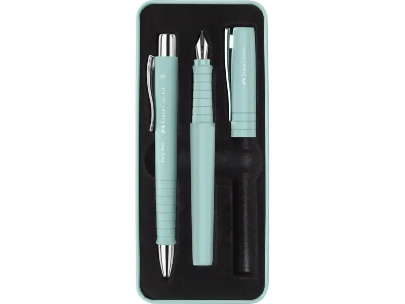 Faber-Castell Poly Pack Bolígrafos Poly Ball y Pluma Estilográfica Verde Claro con Clip de Metal