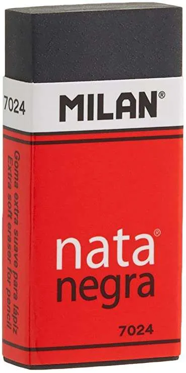 Milan Nata 7024 Goma De Borrar Rectangular - Plastico - Faja De Carton Roja - Envuelta Individualmente - Extra Suave - Color Negro