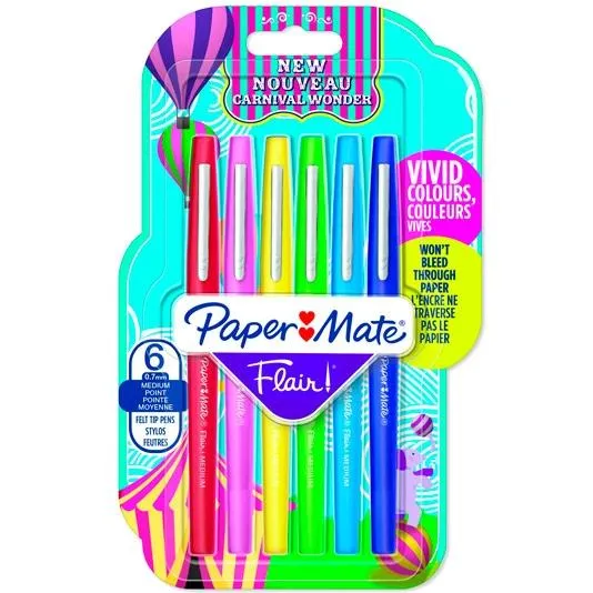 Paper Mate Flair Original Rotulador Punta de Fibra Tapón Hermético 6 Colores Blister