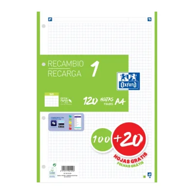 Oxford Recambio Classic 120 Hojas A4 Sueltas 90g 5x5mm 4 Taladros Verde