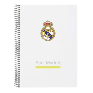 Safta Cuaderno Espiral Real Madrid - Tapas Duras - 80 Hojas A4 Cuadriculada 4x4mm - 15.5x22x1cm - Blanco y Negro
