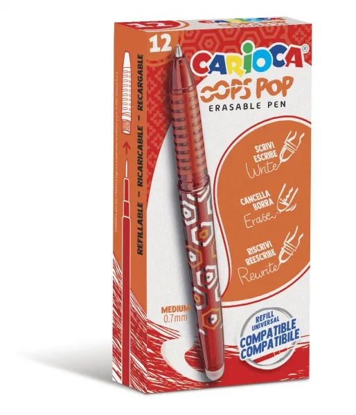 Carioca Oops Pop Boligrafos Borrables - Tinta Termo Sensible - Empuñadura Texturizada - Punta De 0.7Mm - Doble Goma - Recambios Compatibles - Color Rojo