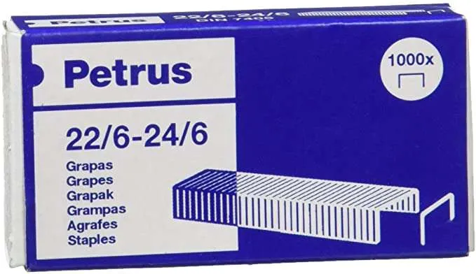 Petrus Grapas 22/6 Galvanizadas - Hasta 30 Hojas - Caja De 1000 Grapas - Patilla De 6Mm