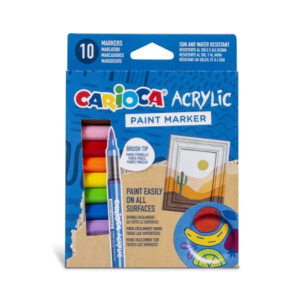 Carioca Acrylic Pack De 10 Marcadores De Pintura Acrilica - Punta Pincel - Tinta A Base De Agua - Alta Cobertura - Colores Surtidos