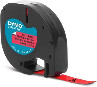 Dymo LetraTag S0721630 Cinta de Etiquetas Original 12mm x 4m Texto Negro sobre Fondo Rojo