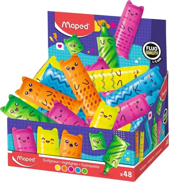 Maped Kawaii Expositor con 48 Mini Marcadores Fluorescentes Neon, Trazo de 1 a 5mm, Colores Surtidos