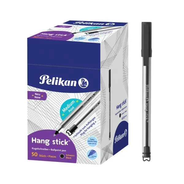 Pelikan Hang Stick Boligrafo De Bola - Trazo De 1Mm - Capuchon Antiasfixia - Cuerpo Triangular Ergonomico - Gancho - Tinta A Base De Aceite - Color Negro