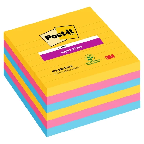 Post-it Super Sticky Pack de 6 Blocs de 90 Notas Adhesivas Reposicionables 101x101mm Colores Surtidos