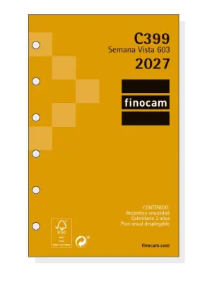 Finocam C399 Recambio Agenda Classic Anual 2027 Semana Vista Horizontal 79x127mm 6 Taladros Papel 80g/m2 Color Blanco