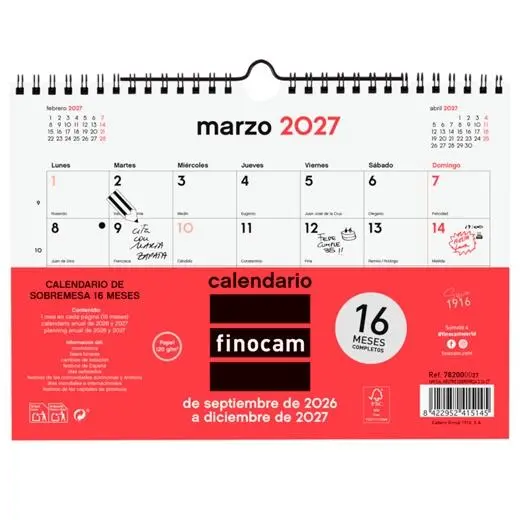 Finocam Calendario De Pared 16 Meses Para Escribir S-210X150Mm Mv Neutro 2026-2027