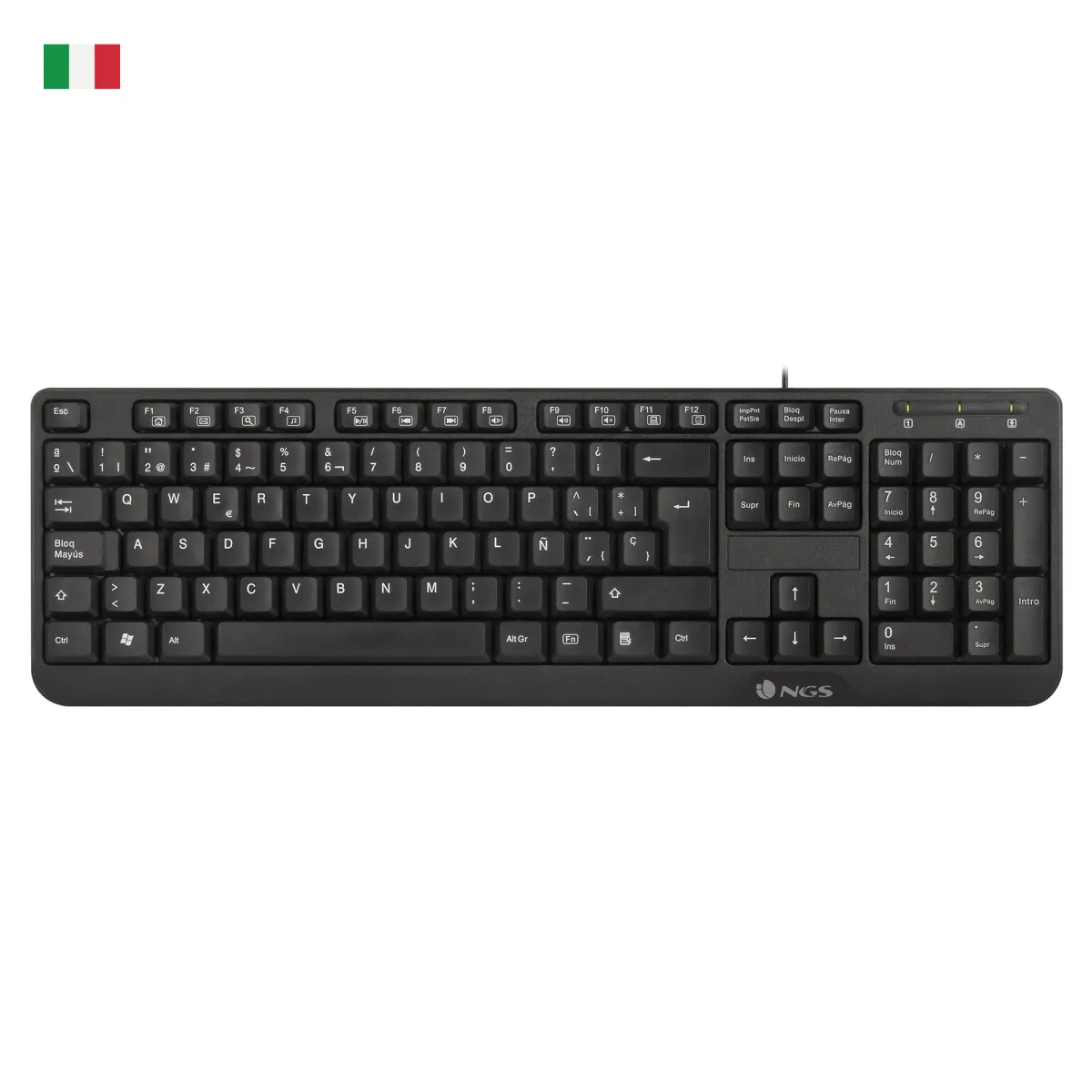 NGS Teclado con 12 Teclas Multimedia - Cable de 1.4m - QWERTY Italiano - Color Negro