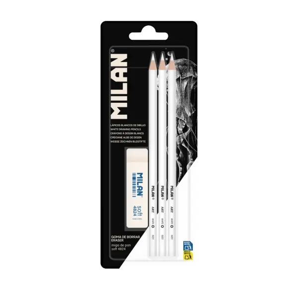 Milan Pack de 3 Lápices y 1 Goma para Dibujo - Mina Blanca para Papel Oscuro