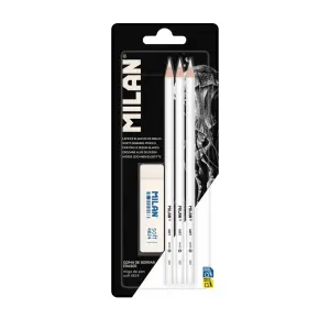 Milan Pack de 3 Lápices y 1 Goma para Dibujo - Mina Blanca para Papel Oscuro