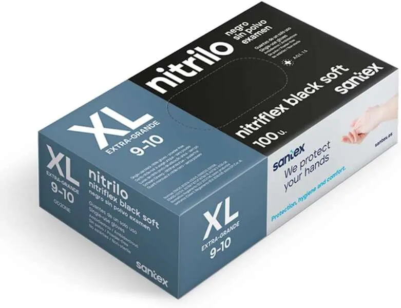 Santex Nitriflex Black Soft Pack De 100 Guantes De Nitrilo Para Examen Talla Xl - 3.5 Gramos - Sin Polvo - Libre De Latex - No Esteriles - Color Negro