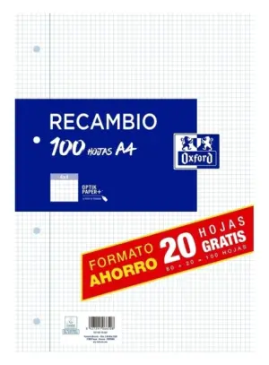 Oxford Recambio Classic 80H + 20H Gratis A4 90g 4x4mm 4 Taladros