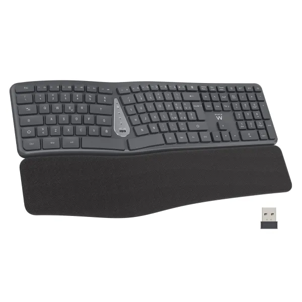 Ewent Teclado Inalambrico - Ergonomico - Bateria De Litio Recargable De 300Mah - Teclas De Bajo Perfil Y Silenciosas - Color Negro