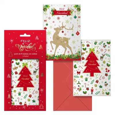 Dohe Pack de 8 Tarjetas de Felicitación Navideña con Sobre - 2 Modelos - 12,2x23,5cm