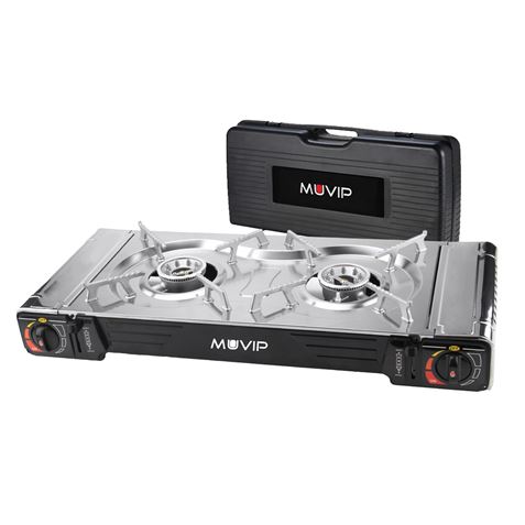 Muvip Cocina De Gas Portatil 2 Fuegos - Doble Bombona - Encendido Automatico - Quemador De Aluminio - Valvula De Doble Sellado - Proteccion Contra Sobretension - Maleta De Transporte
