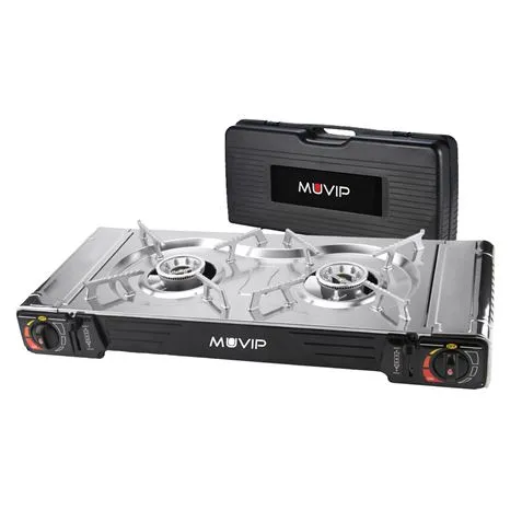 Muvip Cocina De Gas Portatil 2 Fuegos - Doble Bombona - Encendido Automatico - Quemador De Aluminio - Valvula De Doble Sellado - Proteccion Contra Sobretension - Maleta De Transporte