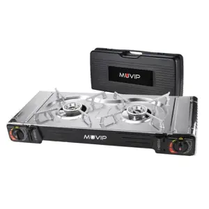 Muvip Cocina de Gas Portatil 2 Fuegos - Doble Bombona - Encendido Automatico - Quemador de Aluminio - Valvula de Doble Sellado - Proteccion Contra Sobretension - Maleta de Transporte
