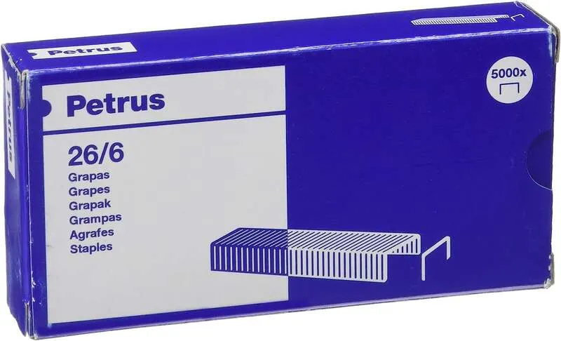 Petrus Caja De 5000 Grapas 26/6 Cobreadas - Hasta 30 Hojas - Patilla De 6Mm