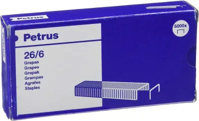 Petrus Caja De 5000 Grapas 26/6 Cobreadas - Hasta 30 Hojas - Patilla De 6Mm