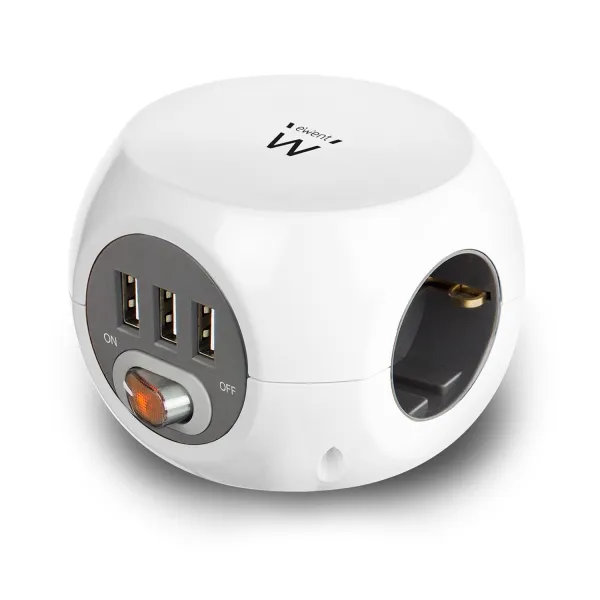 Ewent Regleta Con 6 Tomas De Sobremesa - 3X Schuko 16A - 3X Usb-A - Interruptor On/Off - Cable De 1.5M - Forma De Cubo - Color Blanco/Gris