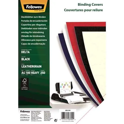Fellowes Pack De 100 Portadas De Carton Simil Piel Delta Cuero A4 - 250 Gr - Color Negro