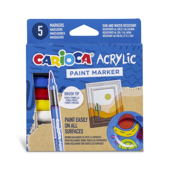 Carioca Acrylic Pack De 5 Marcadores De Pintura Acrilica - Punta Pincel - Tinta A Base De Agua - Alta Cobertura - Colores Surtidos