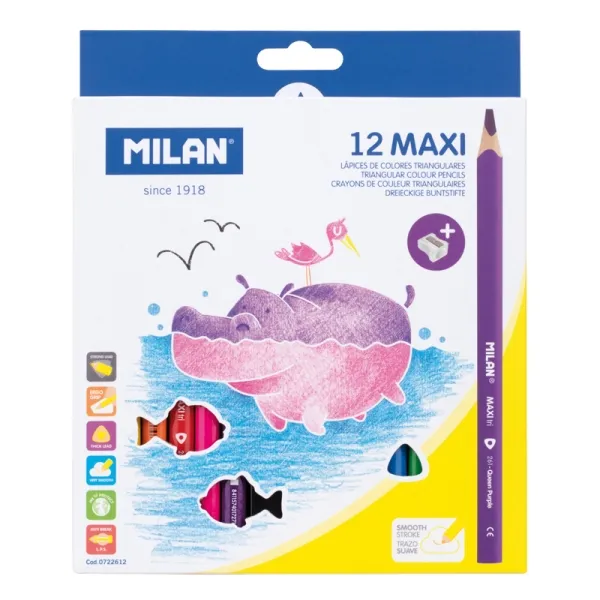 Milan Maxi Pack de 12 Lápices de Colores Hexagonales con Sacapuntas Surtidos