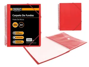 Ingraf Carpeta A4 con 20 Fundas y Sobre con Broche, Espiral Plástica, Color Rojo