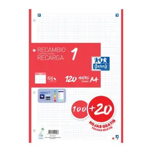 Oxford Recambio Classic 120 Hojas A4 Sueltas 90g 5x5mm 4 Taladros Banda Roja