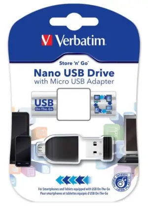 VERBATIM PENDRIVE NANO ON-THE-GO 16GB USB 2.0 OTG CON ADAPTADOR MICRO USB NEGRO