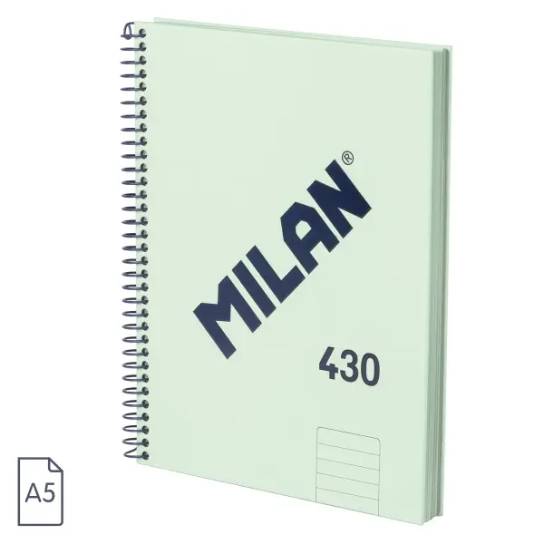 Milan Cuaderno A5 Espiral Tapa Dura Color Menta 80 Hojas 95g Papel a Líneas 7mm