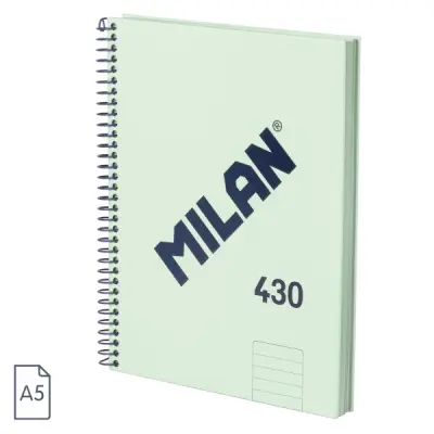 Milan Cuaderno A5 Espiral Tapa Dura Color Menta 80 Hojas 95g Papel a Líneas 7mm