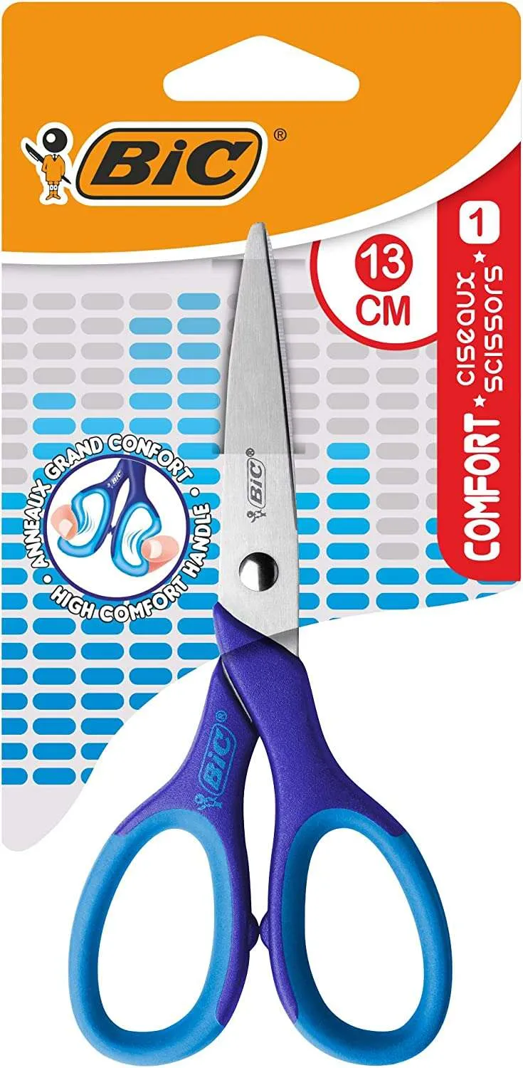 Bic Comfort Tijera Escolar De Acero Inoxidable 13Cm - Mango Suave - Uso Diestro - Colores Surtidos Aleatorio