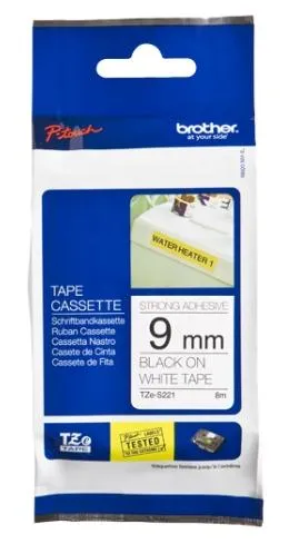 Brother Cinta Rotuladora Laminada Super Adhesiva Texto Negro Sobre Blanco - 9Mmx8M