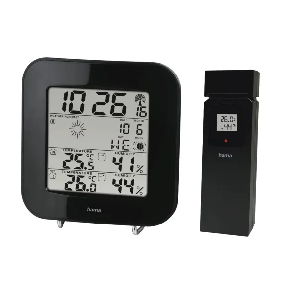 Hama EWS-200 Estación Meteorológica con Reloj, Sensor Exterior y Termómetro, Negro