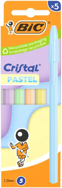 Bic Bolígrafo Cristal Pastel 1.0mm Colores Surtidos Blíster 5 Unidades