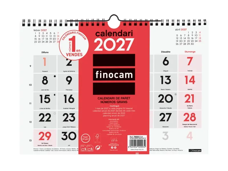 Finocam Calendario de Pared Anual 2027 en Catalán - Formato M - 300x210mm - Espiral Doble - Papel 120g/m2 - Números Grandes - Rojo y Blanco