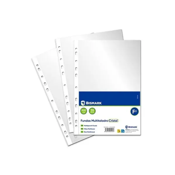 Bismark Pack de 100 Fundas Multitaladro Folio 35 Micras Acabado Cristal