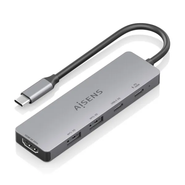 AISENS USB-C Dock 5 En 1, USB-C a HDMI, 2xUSB-A, 1xUSB-C PD, Gris, 15cm