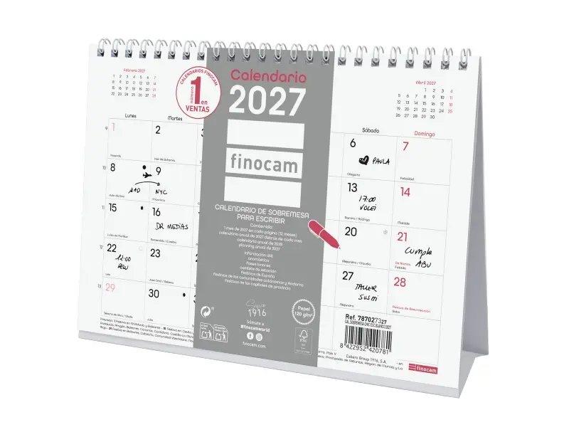 Finocam Calendario de Sobremesa Anual 2027 Mes Vista S 210x150mm Espiral Doble Blanco