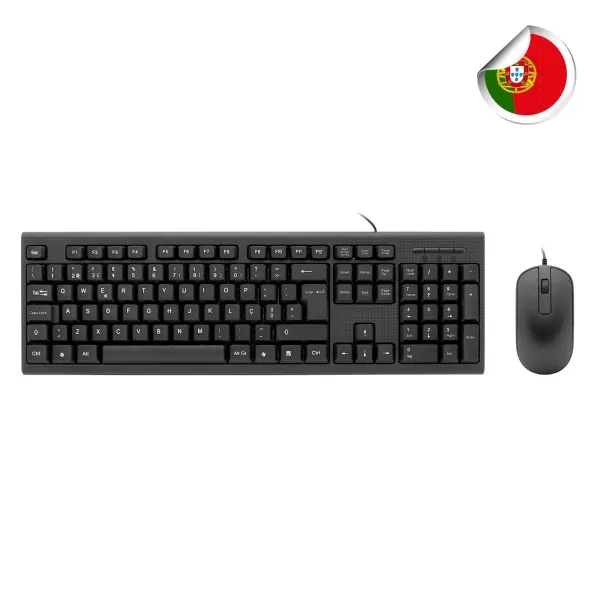 Coolbox Teclado USB 105 Teclas QWERTY Portugués + Ratón 3 Botones Ambidiestro Negro