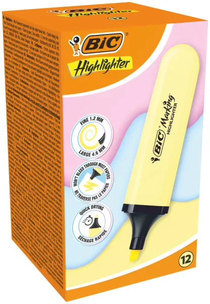 Bic Marking Highlighter Flat Marcador Fluorescente - Punta Biselada - Trazo Entre 1.20 Y 4.60 Mm - Tinta Con Base De Agua - Color Amarillo Pastel